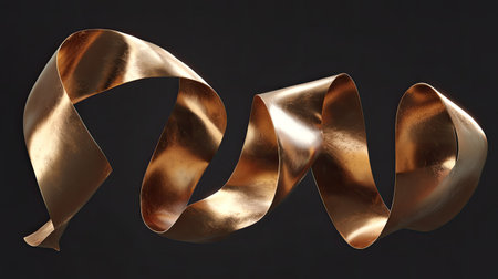 This stunning image showcases a flowing gold ribbon gracefully twisting and turning. Its shiny surface and elegant curves create a perfect visual for decoration or art projects.の素材