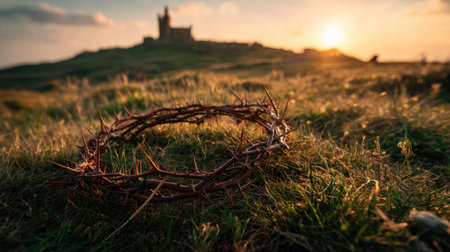 A striking crown of thorns rests on lush grass as the sun sets behind a distant hilltop structure, capturing a moment of serenity and spirituality in nature.の素材