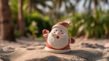 A charming Santa figurine sits on warm beach sand, surrounded by lush green palm trees, capturing the essence of a unique holiday celebration in a tropical setting.の素材