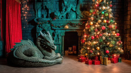 A cozy scene featuring a dragon resting beside a beautifully decorated Christmas tree. The enchanting room includes festive lights, gifts, and a vintage fireplace.の素材
