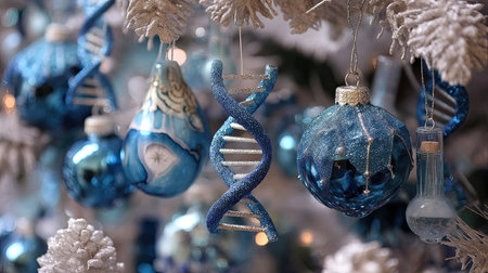 A stunning close-up of blue Christmas ornaments featuring a unique DNA design, hanging on frosted tree branches, creating a festive and scientific holiday vibe.の素材