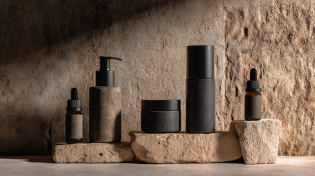 Discover an elegant collection of natural skin care products beautifully arranged on rustic stones, perfect for promoting wellness and sustainability in the beauty industry.の素材