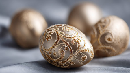 This stunning image showcases elegant golden eggs, adorned with intricate designs, resting on soft gray fabric. Ideal for spring or festive themes.の素材