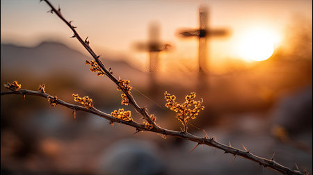 A close-up view of a flowering branch with thorns in the foreground, highlighted by a dramatic sunset with distant crosses in the background, evoking spirituality and peace.の素材