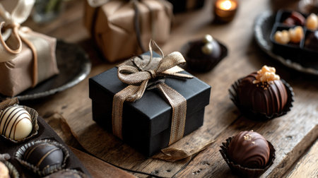 A beautifully wrapped black gift box with a shiny ribbon sits among exquisite artisan chocolates and treats, perfect for festive celebrations and indulgent moments.の素材