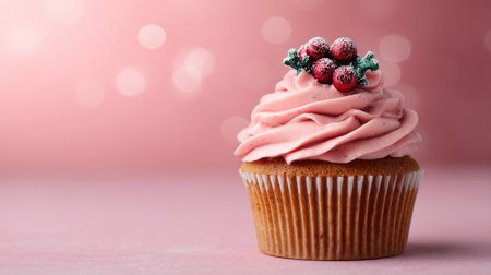 A delightful pink frosted cupcake topped with holiday berries, perfect for celebrations. The soft background enhances its festive charm, making it an ideal treat for any sweet lover.の素材