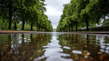 A tranquil pathway lined with lush green trees reflects in a puddle after rain, creating a serene atmosphere in an urban landscape. Perfect for nature lovers.の素材