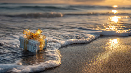A beautifully wrapped gift box with a golden bow sits on a sandy beach, gently kissed by ocean waves. The warm sunset casts a tranquil glow, creating a serene and festive scene perfect for celebrations.の素材