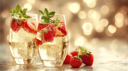 Two elegant glasses filled with sparkling beverage and fresh strawberries, creating a delightful and refreshing drink perfect for celebrations and summer gatherings.の素材