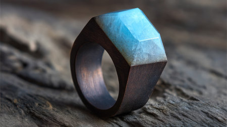 This captivating geometric ring features a stunning blue stone set against a rustic wood background, showcasing exquisite craftsmanship and modern elegance.の素材