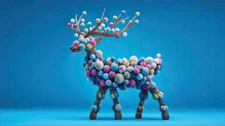 This vibrant reindeer sculpture is crafted from colorful balls and twigs, set against a striking blue background, making it an ideal festive decoration.の素材
