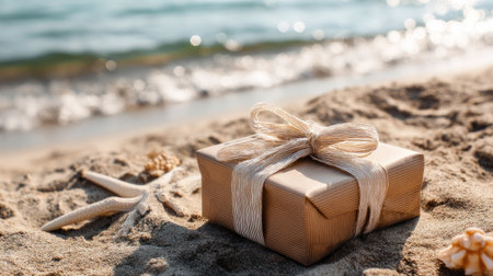 A beautifully wrapped gift box with twine sits on golden sand by the beach. The serene ocean waves reflect sunlight, creating a tranquil atmosphere perfect for holiday moments.の素材
