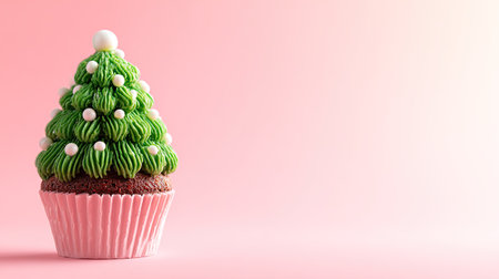 A delightful cupcake shaped like a Christmas tree, decorated with vibrant green frosting and white accents, perfect for holiday celebrations and festive gatherings.の素材