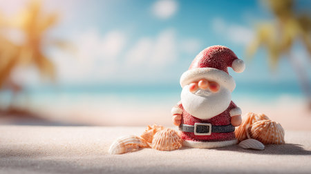 A charming Santa Claus figurine stands on a sandy beach, surrounded by seashells with a bright ocean backdrop. Perfect for holiday cheer and summer vibes.の素材