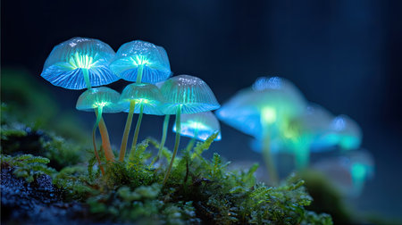 Captivating bioluminescent mushrooms glow in a mystical dark forest, showcasing vibrant colors and delicate details on a moss-covered surface, creating an enchanting atmosphere.の素材