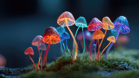 A collection of vivid, glowing mushrooms illuminates a dark setting, creating a magical and surreal atmosphere. Nature's beauty shines in vibrant colors.の素材