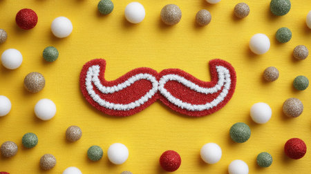 A vibrant decorative mustache placed on a yellow background, surrounded by colorful balls. Perfect for festive celebrations, this cheerful arrangement adds a playful touch.の素材
