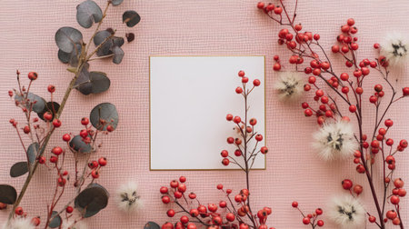 A beautiful arrangement of red berries and green foliage on a soft pink background. This aesthetic composition features ample copy space, perfect for invitations or greeting cards.の素材