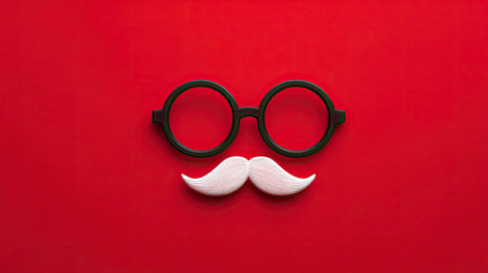 A playful flat lay featuring stylish glasses and a whimsical mustache on a vibrant red background, perfect for creative projects and fun themes.の素材