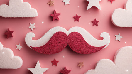 Vibrant foam mustache surrounded by fluffy clouds and stars creates a playful composition on a pink background, perfect for creative projects.の素材