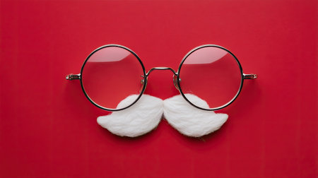Fun and quirky glasses with a cotton moustache lie on a bright red background. Perfect for playful themes, festive occasions, and creative photography.の素材