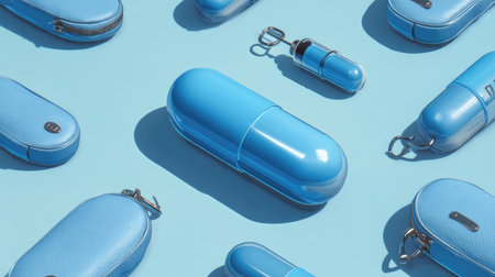 A visually appealing arrangement of blue capsule cases and accessories on a light blue background, highlighting modern design and sleek aesthetics for storage solutions.の素材