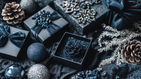 This elegant composition features black gift boxes adorned with intricate decorations, surrounded by pinecones and sparkling ornaments, perfect for holiday themes.の素材