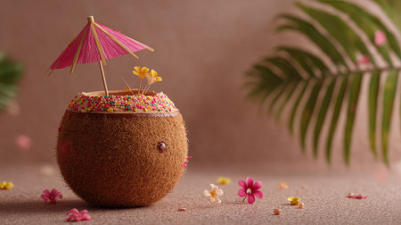 A vibrant coconut cup adorned with an umbrella and colorful edible flowers, perfect for summer parties. A delightful and artistic presentation awaits!の素材