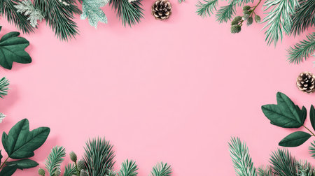 A charming arrangement of green leaves and pinecones creates a beautiful frame on a soft pink background, perfect for holiday-themed projects and festive designs.の素材