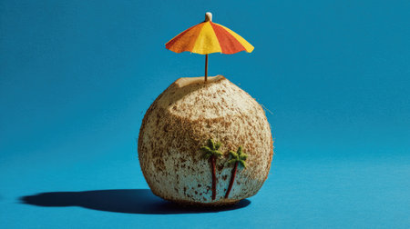 A creative arrangement showcasing a coconut with a colorful umbrella, set against a vibrant blue backdrop. Perfect for representing summer, vacations, and tropical vibes.の素材