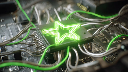 This captivating image features a glowing star design on an electronic circuit board, highlighting the intricate wiring and modern technology aspects. The vibrant green illumination creates a striking contrast against the dark background, showcasing creativity and innovation in electronics.の素材