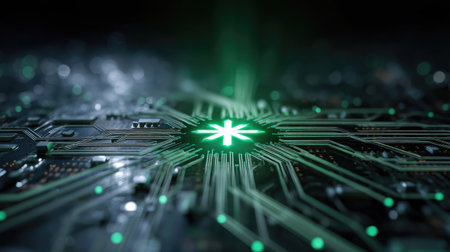 This abstract digital image showcases a vibrant green circuit design with a luminous center. It evokes a sense of modern technology and innovation.の素材