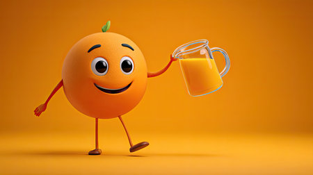 A vibrant cartoon orange character joyfully holds a glass of fresh juice, set against a bright yellow background. Perfect for fun health themes.の素材