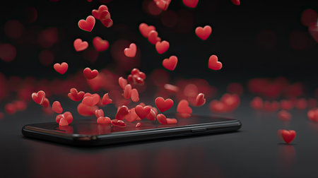 A captivating visual of red hearts floating above a smartphone, symbolizing love and connection in the digital age. Perfect for themes of romance and technology.の素材