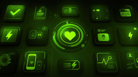 A vibrant green abstract collection of medical technology icons featuring a heart symbol. Ideal for health-focused digital design and modern applications.の素材