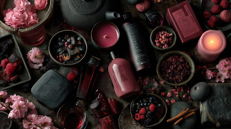 A beautifully arranged collection of aromatic products, fresh flowers, and berries, showcasing a blend of elegance and natural beauty in a calming setting.の素材