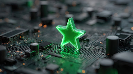 A glowing neon green star stands out against a detailed circuit board background, symbolizing innovation in technology and modern design aesthetics.の素材