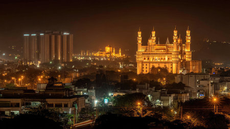 Stunning skyline of Hyderabad at night, featuring a blend of modern skyscrapers and historical landmarks. The illuminated architecture creates a vibrant atmosphere.の素材