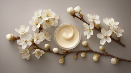 Discover the delicate beauty of skincare with this soft cream surrounded by elegant white blossoms on a neutral backdrop, perfect for wellness and beauty themes.の素材