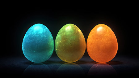 This image features three colorful glowing eggs on a dark background, ideal for creative projects, seasonal celebrations, or artistic designs. Perfect for digital media.の素材