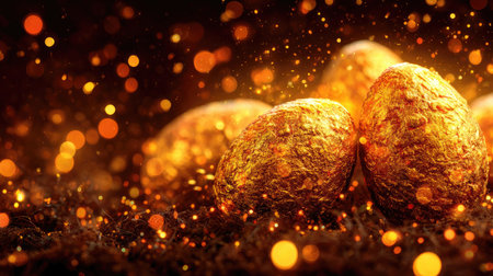 This captivating image features shimmering golden eggs surrounded by a dazzling bokeh backdrop, creating a luxurious and festive atmosphere perfect for celebrations.の素材
