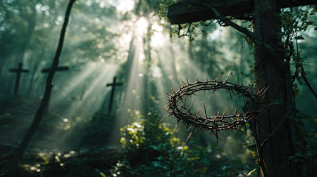 A serene forest scene featuring crosses and a thorn crown, illuminated by soft sunlight filtering through mist. The atmosphere evokes spirituality and reflection.の素材