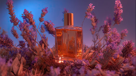 A stunning perfume bottle set in a field of lavender flowers, featuring soft lighting and a tranquil atmosphere perfect for beauty and fragrance themes.の素材