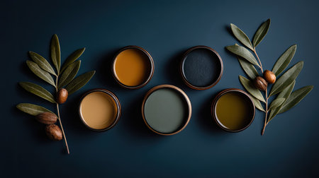 A stylish arrangement of natural oils and herbal extracts in jars, surrounded by olive leaves, showcasing a harmonious blend of colors and textures ideal for wellness and beauty products.の素材