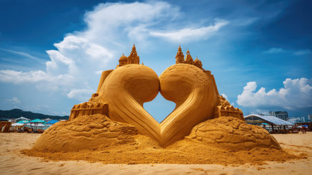 A breathtaking heart-shaped sandcastle stands majestically on the beach, showcasing intricate design under a bright blue sky. Perfect for summer romance.の素材