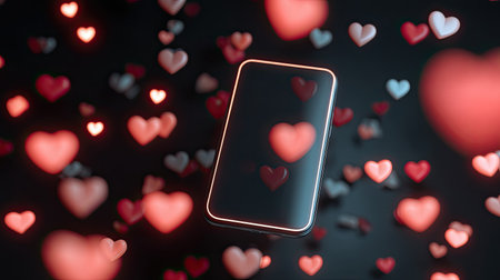 A modern smartphone surrounded by vibrant heart shapes creates a romantic atmosphere. This digital design represents love and connection in a creative way.の素材