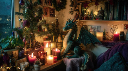 A whimsical dragon figure adorns a cozy room, surrounded by festive candles and a small Christmas tree, creating a magical and inviting atmosphere.の素材