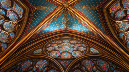 Stunning view of a Gothic ceiling adorned with vibrant stained glass windows. This artwork showcases intricate details, ornate patterns, and historical significance.の素材