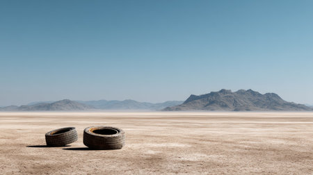 Two abandoned tires rest on a barren desert landscape, showcasing an expansive horizon under a bright blue sky. Ideal for themes of solitude and neglect.の素材