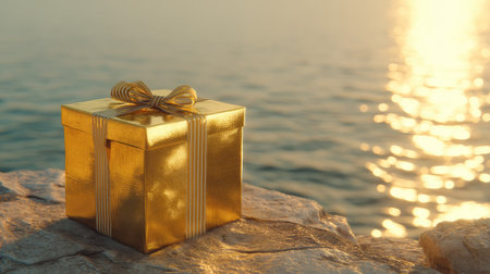 A stunning golden gift box sits on a stone by the water, reflecting sunlight beautifully. This serene scene captures the essence of celebration and luxury.の素材